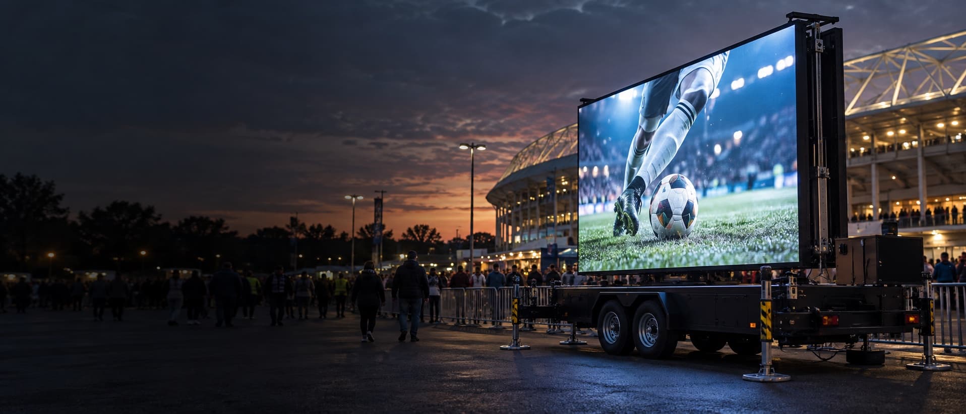 Conceptual image: mobile LED trailer deployed near a stadium at twilight