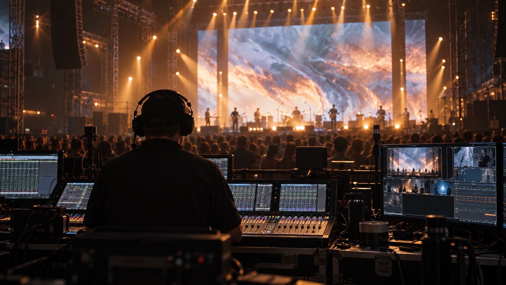 Conceptual front-of-house production operator managing audio and video controls at a live event